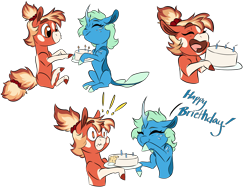 Size: 2732x2048 | Tagged: safe, artist:ask-y, imported from derpibooru, oc, oc only, changedling, changeling, earth pony, pony, unicorn, birthday cake, bust, cake, changedling oc, changeling oc, earth pony oc, food, happy birthday, horn, simple background, smiling, transparent background, unicorn oc