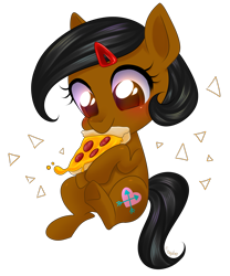 Size: 3001x3609 | Tagged: safe, artist:kaikururu, imported from derpibooru, oc, oc only, pony, unicorn, blushing, chibi, eating, eyelashes, female, food, glowing, glowing horn, horn, magic, mare, meat, pepperoni, pepperoni pizza, pizza, simple background, sitting, solo, telekinesis, transparent background, underhoof, unicorn oc