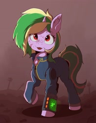 Size: 3209x4096 | Tagged: safe, artist:tatykin, imported from derpibooru, oc, oc only, oc:iron sonata, pony, unicorn, fallout equestria, blood, clothes, cute, digital art, fallout equestria: foal of the wastes, female, filly, foal, grimcute, horn, jumpsuit, looking at you, ocbetes, open mouth, open smile, pipbuck, red eyes, smiling, smiling at you, solo, unicorn oc, vault suit, wasteland