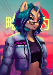 Size: 848x1200 | Tagged: safe, artist:annna markarova, imported from derpibooru, oc, oc:depth chaser, anthro, unicorn, clothes, commission, female, horn, jacket, japanese, mare, midriff, solo, sunglasses