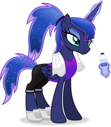 Size: 4549x5208 | Tagged: safe, artist:anime-equestria, imported from derpibooru, princess luna, alicorn, pony, alternate hairstyle, bottle, clothes, eyeshadow, female, hairband, horn, levitation, magic, makeup, mare, ponytail, shoes, shorts, simple background, solo, telekinesis, tomboy, towel, transparent background, vector, water bottle, wings