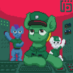 Size: 670x670 | Tagged: safe, artist:vohd, imported from derpibooru, oc, earth pony, pony, animated, caramelldansen, gif, male, party, pixel art, soldier, stallion