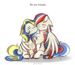 Size: 1238x1071 | Tagged: safe, artist:mira.veike, imported from derpibooru, oc, oc:marussia, oc:ukraine, earth pony, pegasus, pony, anti-war, chest fluff, current events, eyes closed, friends, group, group hug, hug, nation ponies, ponified, russia, signature, simple background, teary eyes, ukraine, united states, white background, winghug, wings