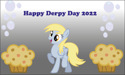 Size: 1280x769 | Tagged: safe, artist:ncolque, imported from derpibooru, derpy hooves, pegasus, pony, bubble, caption, cute, derpy day, derpy day 2022, desktop background, female, folded wings, food, full body, gradient background, hooves, mare, muffin, open mouth, open smile, raised hoof, raised leg, smiling, solo, standing on two hooves, tail, text, wallpaper, wings