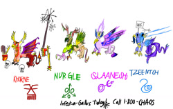 Size: 1280x810 | Tagged: safe, artist:horsesplease, imported from derpibooru, gallus, antlers, axe, chainaxe, chaos (warhammer fantasy), chaos star, derp, fire, fire breath, gallus the rooster, gallusposting, kfc, khorne, multiple heads, mutation, nurgle, slaanesh, that griffon sure does love kfc, two heads, tzeentch, warhammer (game), warhammer 40k, warhammer fantasy, weapon