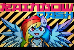 Size: 4096x2793 | Tagged: safe, artist:canvymamamoo, imported from derpibooru, rainbow dash, anthro, pegasus, abstract background, blushing, chest fluff, choker, clothes, ear fluff, female, happy, jacket, lidded eyes, looking at you, smiling, solo, spread wings, starry eyes, wingding eyes, wings, wonderbolts logo