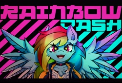 Size: 4096x2793 | Tagged: safe, alternate version, artist:canvymamamoo, imported from derpibooru, rainbow dash, anthro, pegasus, abstract background, blushing, chest fluff, choker, clothes, ear fluff, female, happy, jacket, lidded eyes, looking at you, smiling, solo, spread wings, starry eyes, wingding eyes, wings, wonderbolts logo