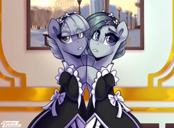 Size: 1500x1100 | Tagged: safe, artist:shadowreindeer, imported from derpibooru, limestone pie, marble pie, earth pony, pony, anime, clothes, cosplay, costume, crossover, cute, duo, duo female, eye clipping through hair, eyelashes, female, limabetes, maid, marblebetes, mare, pie sisters, ram (re:zero), re:life in a different world from zero, re:zero, rem, rem and ram, siblings, sisters, touching hooves, wingding eyes