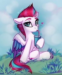 Size: 1599x1950 | Tagged: safe, artist:taneysha, imported from derpibooru, zipp storm, pegasus, pony, chest fluff, colored wings, drink, drinking, drinking straw, ear fluff, female, floppy ears, fluffy, g5, grass, heart, hoof fluff, hoof hold, hooves, looking at you, mare, multicolored wings, neck fluff, signature, sitting, slim, solo, straw, tail, unshorn fetlocks, wing fluff, wings