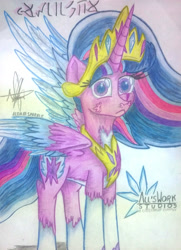 Size: 3006x4149 | Tagged: safe, artist:aldairsparkle, imported from derpibooru, oc, oc:twilight, alicorn, pony, all'swork studios, colored pencil drawing, monarch, new version, pencil, pencil drawing, photo, queen twilight, serious, serious face, solo, spoiler, spoilers for another series, traditional art, unknown language