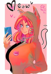 Size: 1400x2000 | Tagged: safe, artist:sozglitch, imported from derpibooru, sunset shimmer, human, equestria girls, breasts, busty sunset shimmer, catgirl, cellphone, clothes, female, heart, humanized, nyanset shimmer, phone, smartphone