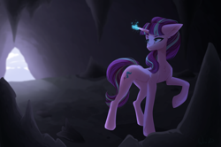 Size: 3084x2048 | Tagged: safe, artist:maybeweed, imported from derpibooru, starlight glimmer, pony, unicorn, cave, glowing, glowing horn, horn, looking back, raised hoof, s5 starlight, solo