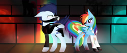 Size: 1280x536 | Tagged: safe, artist:celestia2590, imported from derpibooru, rainbow dash, soarin', pegasus, pony, fanfic:rainbow factory, fanfic art, female, male, rainbow factory dash, shipping, soarindash, straight