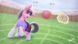 Size: 3840x2160 | Tagged: safe, artist:vandyart, imported from derpibooru, oc, oc only, earth pony, pony, buckball, buckball field, buckball uniform, crowd, earth pony oc, glowing, magic, motion blur, one ear down, open mouth, scoreboard, solo, stadium