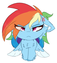 Size: 2008x2224 | Tagged: safe, artist:tizhonolulu, imported from derpibooru, rainbow dash, pegasus, pony, :<, angry, cheek fluff, chest fluff, cross-popping veins, eye clipping through hair, feathered wings, floppy ears, looking at you, pegasus wings, simple background, solo, squint, white background, wings, wings down