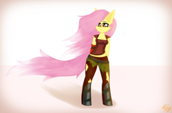 Size: 4080x2700 | Tagged: safe, artist:toxinagraphica, imported from derpibooru, fluttershy, anthro, unguligrade anthro, alternate hairstyle, belt, borderlands, borderlands 2, breasts, cheek fluff, clothes, cosplay, costume, crossover, ear fluff, eyelashes, female, fluffy, high res, lilith (borderlands), lipstick, mare, pants, signature, simple background, smiling, socks, solo, torn clothes