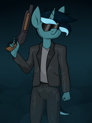 Size: 1492x1993 | Tagged: safe, artist:moonatik, imported from derpibooru, oc, oc only, oc:sol nightshade, anthro, unicorn, clothes, gun, horn, jacket, leather, leather jacket, leather pants, male, pants, shirt, shotgun, solo, stallion, sunglasses, terminator, unicorn oc, weapon