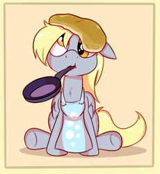 Size: 438x476 | Tagged: safe, artist:cookieboy011, imported from derpibooru, derpy hooves, pegasus, pony, apron, clothes, cute, derp, derpabetes, female, floppy ears, food, frying pan, mare, mouth hold, pancakes, solo, underhoof