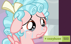 Size: 1920x1200 | Tagged: safe, edit, edited screencap, imported from derpibooru, screencap, cozy glow, derpibooru, marks for effort, 500, :s, abuse, comments locked down, cozy glow's bow, cozybuse, crying, female, filly, foal, meta, pure concentrated unfiltered evil of the utmost potency, pure unfiltered evil, tags, wavy mouth, xd