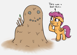 Size: 1569x1122 | Tagged: safe, artist:heretichesh, imported from derpibooru, scootaloo, pegasus, pony, colored, female, filly, foal, mud, mud pony, simple background, solo