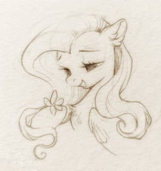 Size: 1935x2048 | Tagged: safe, artist:paipaishuaige, imported from derpibooru, fluttershy, pegasus, pony, bust, chest fluff, cute, ear fluff, female, flower, hoof hold, looking at something, looking down, mare, monochrome, portrait, raised hoof, shyabetes, simple background, smiling, solo, three quarter view, traditional art, white background, wings