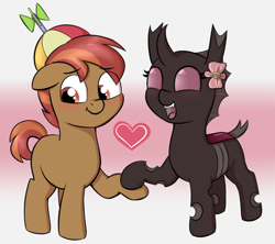 Size: 1530x1360 | Tagged: safe, artist:heretichesh, imported from derpibooru, button mash, oc, unnamed oc, changeling, earth pony, pony, blushing, colored, colt, duo, female, filly, floating heart, foal, heart, holding hooves, male, pink changeling, simple background