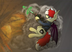 Size: 3491x2504 | Tagged: safe, artist:aaathebap, imported from derpibooru, oc, oc:aaaaaaaaaaa, bat pony, pony, fallout equestria, explosion, flying, plasma gun, shooting