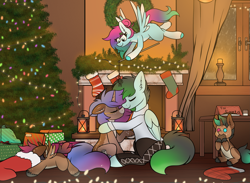 Size: 3619x2654 | Tagged: safe, artist:aaathebap, imported from derpibooru, oc, oc only, oc:gizmo, oc:gryph xander, oc:midnight winds, oc:northern lights, oc:tinker, pegasus, christmas, christmas tree, christmas wreath, cookie, cute, family, female, filly, fireplace, foal, food, holiday, lantern, lights, male, middergryph, mistletoe, oc x oc, present, shipping, snow, snowfall, straight, tree, window, wreath