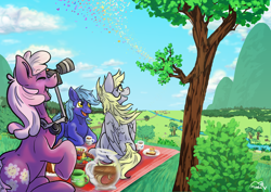 Size: 4092x2893 | Tagged: safe, artist:minka, imported from derpibooru, cheerilee, derpy hooves, oc, oc:dayandey, butterfly, earth pony, pegasus, pony, camera, commission, female, male, mare, picnic, picnic blanket, scenery, stallion, summer, tree