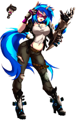 Size: 3300x5100 | Tagged: safe, alternate version, artist:animeclaro, imported from derpibooru, dj pon-3, octavia melody, vinyl scratch, anthro, cyborg, earth pony, unicorn, breasts, busty vinyl scratch, chibi, clothes, cyberpunk, midriff, panties, robotic arm, robotic legs, simple background, sunglasses, thong, transparent background, underwear