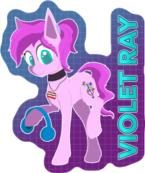 Size: 1049x1253 | Tagged: safe, artist:enragement filly, imported from derpibooru, oc, oc only, oc:violet ray, earth pony, pony, badge, choker, cutie mark, hair tie, headphones, name tag, simple background, solo, transparent background