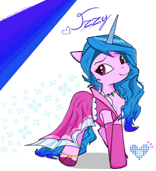 Size: 1400x1532 | Tagged: safe, artist:sallycars, imported from derpibooru, izzy moonbow, pony, unicorn, clothes, dress, g5, legitimately amazing mspaint, looking at you, ms paint, simple background, smiling, solo, white background