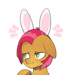 Size: 4064x4096 | Tagged: safe, artist:sugarelement, imported from derpibooru, babs seed, earth pony, pony, adorababs, bunny ears, bust, cute, female, filly, foal, simple background, solo, unamused, white background