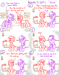 Size: 4779x6013 | Tagged: safe, artist:adorkabletwilightandfriends, imported from derpibooru, twilight sparkle, oc, oc:lawrence, alicorn, earth pony, pony, comic:adorkable twilight and friends, adorkable, adorkable twilight, bench, bucket, comic, content, cute, dork, friendship, glasses, heat, hot, humor, innocent, looking around, necktie, sauna, shocked, silly, sitting, slice of life, smoke, steam, steam room, surprised, sweat, thermometer, twilight sparkle (alicorn), warm