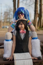 Size: 1066x1600 | Tagged: safe, artist:xblissfulnightmarex, imported from derpibooru, dj pon-3, octavia melody, vinyl scratch, human, 2013, clothes, cosplay, costume, duo, irl, irl human, leg warmers, photo