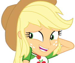 Size: 3725x3178 | Tagged: safe, artist:sketchmcreations, imported from derpibooru, applejack, equestria girls, equestria girls series, holidays unwrapped, spoiler:eqg series (season 2), applejack's hat, arm behind head, awkward smile, clothes, cowboy hat, female, freckles, geode of super strength, hat, high res, looking away, magical geodes, o come all ye squashful, open mouth, open smile, shirt, simple background, smiling, solo, stetson, teeth, transparent background, vector