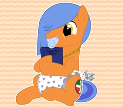 Size: 900x793 | Tagged: safe, artist:mommymidday, imported from derpibooru, oc, oc only, earth pony, pony, book, commission, diaper, diaper fetish, fetish, history book, holding, male, non-baby in diaper, one eye covered, orange background, orange coat, pacifier, poofy diaper, show accurate, signature, simple background, sitting, solo, stallion, tail, two toned tail, yellow eyes