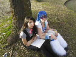 Size: 960x720 | Tagged: safe, artist:xblissfulnightmarex, imported from derpibooru, dj pon-3, octavia melody, vinyl scratch, human, 2013, clothes, cosplay, costume, duo, irl, irl human, photo, sitting, tree