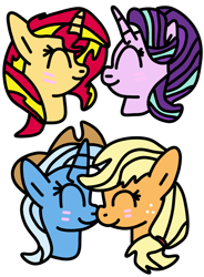 Size: 970x1320 | Tagged: safe, artist:icicle-wicicle-1517, artist:jadeharmony, color edit, edit, imported from derpibooru, applejack, starlight glimmer, sunset shimmer, trixie, earth pony, pony, unicorn, equestria girls, accessory theft, applejack's hat, blushing, boop, bust, collaboration, colored, cowboy hat, female, freckles, hat, lesbian, mare, noseboop, shimmerglimmer, shipping, simple background, transparent background, tripplejack