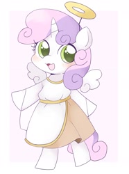 Size: 1460x1965 | Tagged: safe, artist:ginmaruxx, imported from derpibooru, sweetie belle, pony, unicorn, angel, angelic wings, bipedal, clothes, costume, cute, diasweetes, female, filly, floating wings, foal, halo, horn, looking at you, open mouth, solo, sweet dreams fuel, technically alicorn, wings