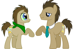 Size: 1280x853 | Tagged: safe, artist:toadstool-prancer, imported from derpibooru, doctor whooves, time turner, oc, oc:tantamount, earth pony, pony, disguise, disguised changeling, duo, full body, hooves, lidded eyes, male, raised hoof, simple background, smiling, stallion, standing, tail, tantamount time turner, transparent background