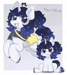 Size: 1827x2048 | Tagged: safe, artist:ginmaruxx, imported from derpibooru, oc, oc only, unnamed oc, pony, unicorn, :3, bag, clothes, cute, cute little fangs, ethereal mane, fangs, female, horn, looking at you, mare, ocbetes, open mouth, scarf, sitting, solo, starry eyes, starry mane, stars, wingding eyes