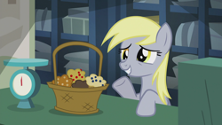 Size: 1920x1080 | Tagged: safe, imported from derpibooru, screencap, derpy hooves, pegasus, pony, season 5, slice of life (episode), 1080p, basket, food, muffin, post office, raised hoof, smiling, solo, that pony sure does love muffins