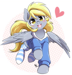 Size: 1400x1464 | Tagged: safe, artist:nekoshiei, imported from derpibooru, derpy hooves, pegasus, pony, blushing, clothes, cute, derpabetes, female, heart, hoodie, looking at you, mare, open mouth, simple background, smiling, smiling at you, socks, solo, striped socks, white background