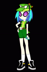 Size: 1841x2849 | Tagged: safe, artist:kalel6753, imported from derpibooru, dj pon-3, vinyl scratch, equestria girls, black background, clothes, clothes swap, cosplay, costume, crossover, hand on hip, ipod, shorts, simple background, solo, sonic the hedgehog (series), vector the crocodile