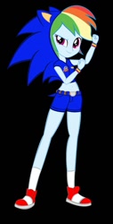 Size: 636x1256 | Tagged: safe, artist:kalel6753, imported from derpibooru, rainbow dash, equestria girls, belly button, black background, clothes, clothes swap, cosplay, costume, crossover, shorts, simple background, solo, sonic the hedgehog, sonic the hedgehog (series)