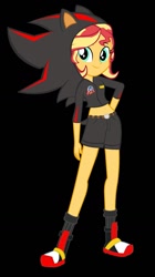 Size: 743x1324 | Tagged: safe, artist:kalel6753, imported from derpibooru, sunset shimmer, equestria girls, belly button, black background, clothes, clothes swap, cosplay, costume, crossover, shadow the hedgehog, shorts, simple background, solo, sonic the hedgehog (series)