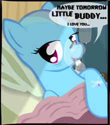 Size: 538x612 | Tagged: safe, artist:equinepalette, imported from ponybooru, rainbow dash, pegasus, pony, bags under eyes, bed, cancer (disease), cropped, dialogue, female, hospital, iv, mare, shaved, shaved mane, sick, solo, speech bubble