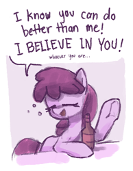 Size: 385x497 | Tagged: safe, artist:plunger, berry punch, berryshine, earth pony, pony, alcohol, beer, beer bottle, bottle, bust, dialogue, drunk, exclamation point, eyes closed, female, mare, motivational, open mouth, open smile, simple background, solo, talking, talking to viewer, text, underhoof