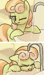 Size: 302x513 | Tagged: safe, artist:plunger, junebug, earth pony, pony, eyebrows, eyes closed, faucet, female, floppy ears, looking at something, mare, one eye closed, ponified, ponified animal photo, simple background, solo, tongue out, water, wet